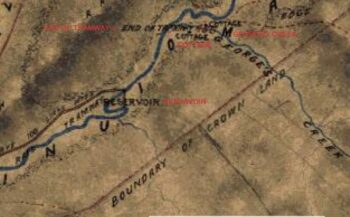 Zoomed in portion of a 1882 Topographical Map of Wainuiomata highlighting the end of the tramway.