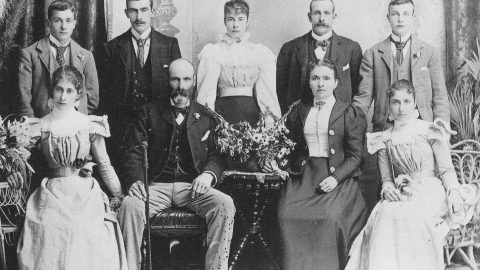 Family of Duncan and Martha Sinclair of WOA . Back Row – Standing (L to R) – Harold, Duncan, Agnes, Hugh, Norman. Front Row – Seated (L to R) – Edith Duncan Sinclair (snr); Martha Sinclair; Alice. - ex Norma Berezowski - WHMS: P1876