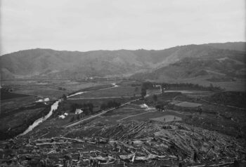 Overlooking Moore's Valley Road 1880s with McIlvride family farm in foreground (left) and Dick family farm in the background - Photograph taken by William Williams - Ref: 1/1-025893-G. Alexander Turnbull Library, Wellington, New Zealand. /records/23146527