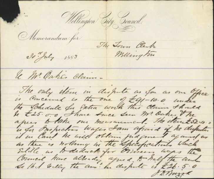 Claim for Extras in Race Contract - W F Oakes - Wellington City Council Archives, 00233-1883/6336