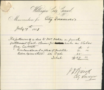 Claim for Extras in Race Contract - W F Oakes - Wellington City Council Archives, 00233-1883/6336