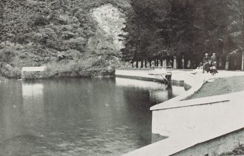 1908-03-14 - The lowered water level in the Wainuiomata Reservoir is clearly visible, with the exposed mark around the edge showing how much it had fallen before the rain arrived.