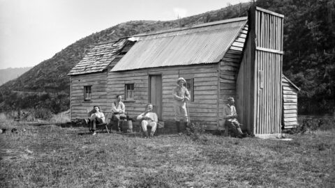 Trout fishing party at Smith's Whare in the Waterworks Valley, Wainuiomata. Halse, Frederick James, 1863-1936 : Collection of negatives. Ref: 1/2-004086-G. Alexander Turnbull Library, Wellington, New Zealand. /records/22822206 - Edited by Lance Stewart