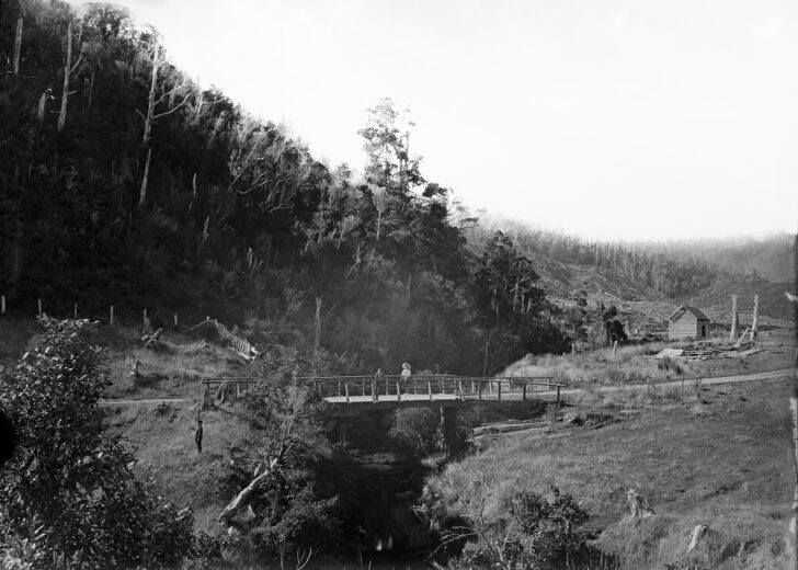 Bridge & Sinclair Sawmill Hut - 1 April 1888 as seen from Smith's Whare - © https://tiaki.natlib.govt.nz/#details=ecatalogue.169065
