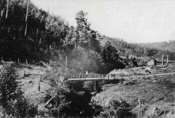Moores Valley Bridge, WOA - Millworkers Hut in background (Sinclair sawmill) - Fisherman in the stream - 1888 - WHMS: T4247