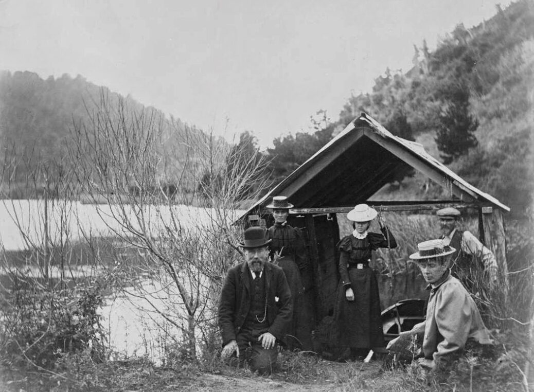 Group at the Wainuiomata Reservoir. Bothamley, Robert Westley, 1888-1967 :Photographs of shipping and Wellington. Ref: PAColl-7405-03. Alexander Turnbull Library, Wellington, New Zealand. /records/22882627