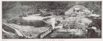 Morton Dam Construction Site Panorama Panoramic photo of the works at Solomon's Nob reservoir, Wainuiomata. - Please acknowledge Auckland Libraries Heritage Collections NZG-19091124-0023-04