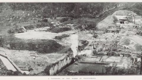 Panoramic photo of the works at Solomon's Nob reservoir, Wainuiomata. - Please acknowledge Auckland Libraries Heritage Collections NZG-19091124-0023-04
