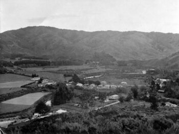 Homedale - School, Hall & School house middle left, Moores Valley Road in foreground - 12 Dec 1942 - WHMS: L3076