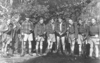P1561 Some of the Bush Guide Platoon at Orongorongo tunnel mouth - L-R Sid Harris, Charlie Woods, Flick Everette, Eric Hambleton, George Thompson, Graeme Eaton, Jack Logie, Jim Forsythe, Tom Messer - laser - ex Graeme Eaton, Greytown - c1940 - WHMS: P1561