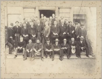 Wellington legal profession 1903 Muir & Stewart (Firm). Muir and Stephenson :Group photograph of members of the Wellington legal profession. Ref: PA7-49-33. Alexander Turnbull Library, Wellington, New Zealand. /records/23192029 - Taken in 1903 by Muir and Stewart. Back row: E B Brown, H B Chapman, C W Neilson, T M Wilford, M Myers, F Holdsworth, F G Bolton, F Harrison (secretary), A Gray, F J Courtney, C P Knight, A S Menteath, C B Morison, H F Johnson, E H Dean. Middle row: W H Quick, H D Bell, W G Somerville, A Dunn, W Richmond, F T Martin, F O'B Loughnan, R M Tolhurst, A R Atkinson, C H Izard, J J Devine, C Y Redwood, W H Field, J A Tripe, G Allport, A P Buller. Front row; M Chapman, J P Campbell, H Treadwell, C W Tringham, C P Skerrett, C N Beere, W J Organ, C W Tanner. - 1903