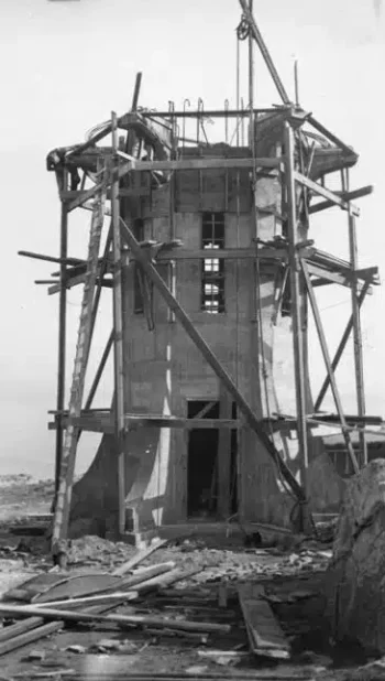 Baring Head Lighthouse under construction. - March 1934 - Photo: Evening Post. Alexander Turnbull Library