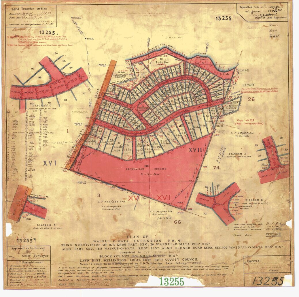 The surveyed subdivision plan from 1945 outlines the development of Hine & Homedale Road, as well as Poole Crescent.