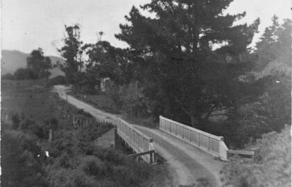 Wainuiomata School Bridge circa 1916, Lower Hutt, Wellington. Burdan, Claude Oswald, 1896-1972 :Photographs chiefly of Wainuiomata. Ref: 1/2-060602-F. Alexander Turnbull Library, Wellington, New Zealand. /records/22738393