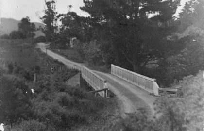 Wainuiomata School Bridge circa 1916, Lower Hutt, Wellington. Burdan, Claude Oswald, 1896-1972 :Photographs chiefly of Wainuiomata. Ref: 1/2-060602-F. Alexander Turnbull Library, Wellington, New Zealand. /records/22738393