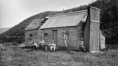 Trout fishing party at Smith's Whare in the Waterworks Valley, Wainuiomata. Halse, Frederick James, 1863-1936 : Collection of negatives. Ref: 1/2-004086-G. Alexander Turnbull Library, Wellington, New Zealand. /records/22822206