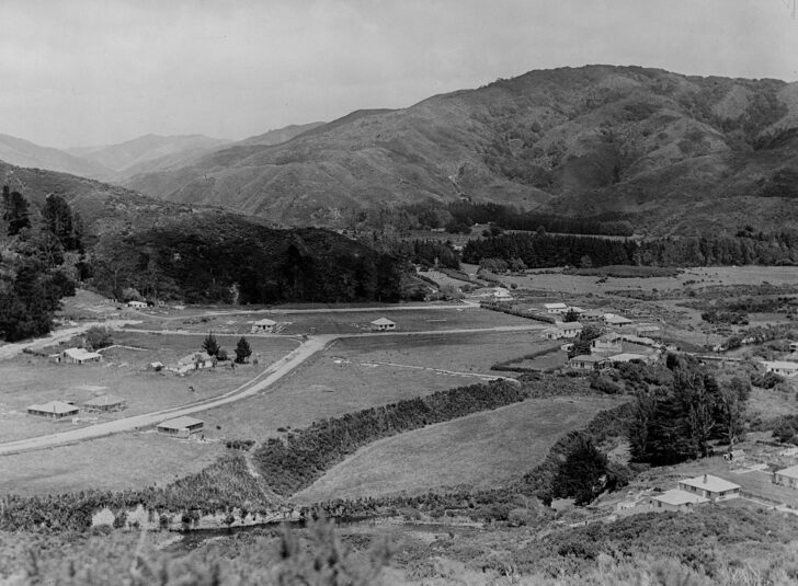 Homedale Circa 1945 showing housing development and the Wainuiomata School - WHMS: L3123