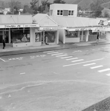 24 Sep 1959 Shops at Wainuiomata, Lower Hutt City, Wellington Region, including Trimstyles Ltd gowns and accessories, Dunns Pharmacy, Gear Meat Company Ltd, and Top Hat dairy and tearooms. Evening post (Newspaper. 1865-2002) :Photographic negatives and prints of the Evening Post newspaper. Ref: EP/1959/3237-F. Alexander Turnbull Library, Wellington, New Zealand. https://natlib.govt.nz/records/30664336