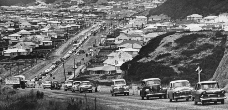 Cars Driving on Newly Sealed Road - PA-Group-00287: Evening post (Newspaper. 1865-2002) :Photographic negatives and prints of the Evening Post newspaper
