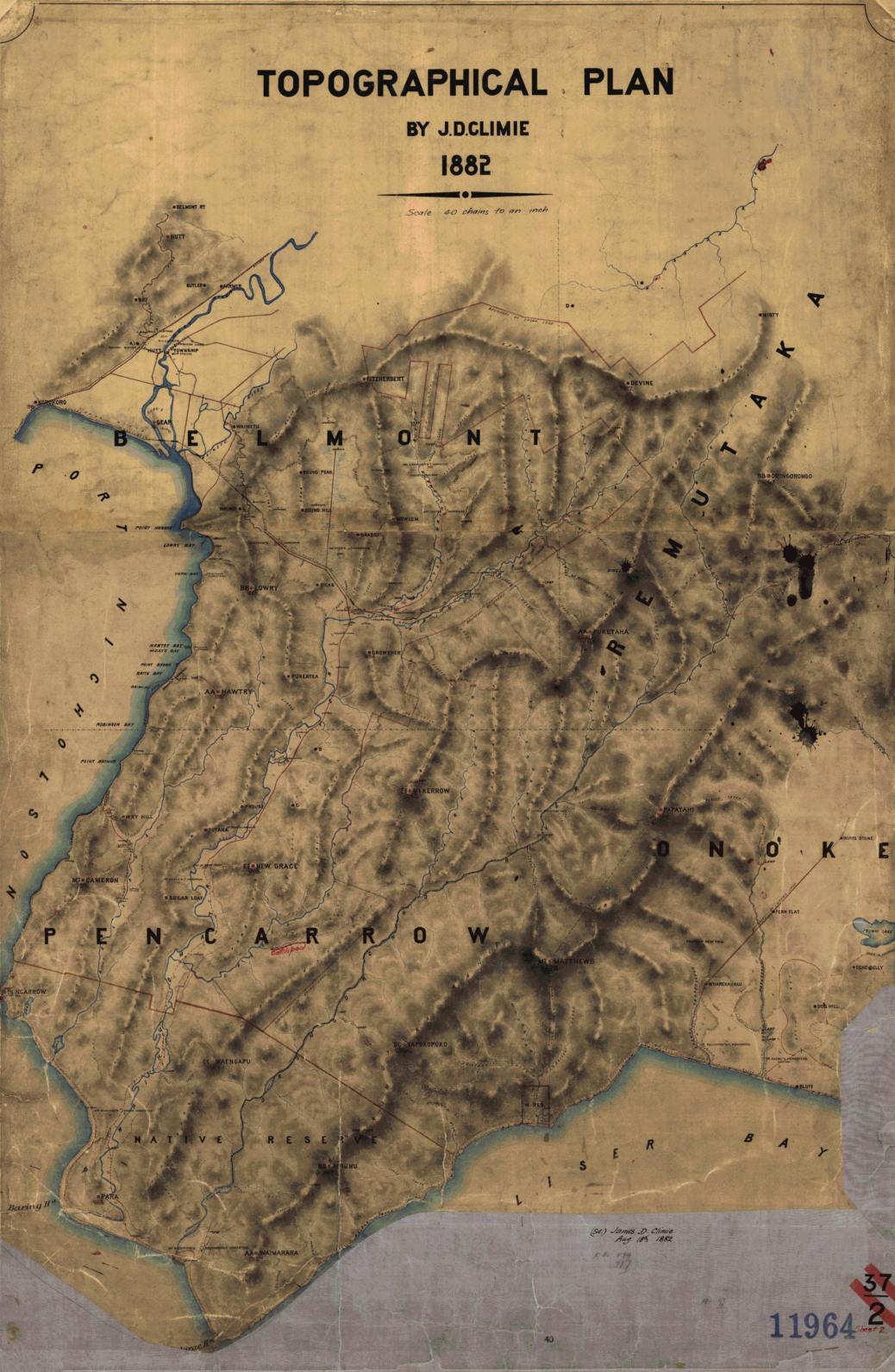 1882 Topographical Map of Wainuiomata highlighting old tracks and infrastructure.