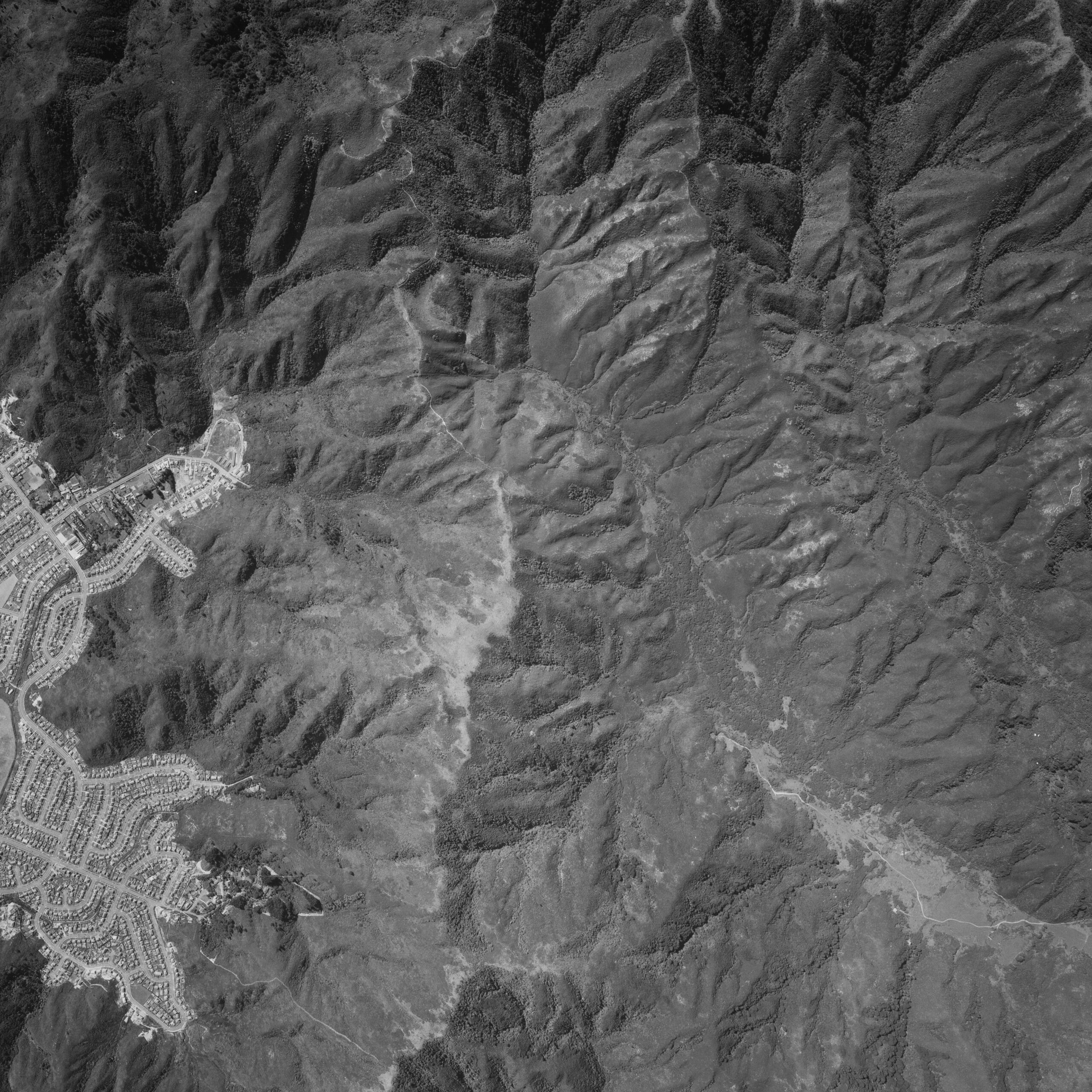 Naenae & Moores Valley in Wainuiomata 9 April 1957 showing Strand Brothers Tramway near top LINZ CC-BY 3.0