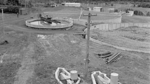 Wainuiomata Sewerage Plant with filtration tanks, Lower Hutt District, Wellington Region. Evening post (Newspaper. 1865-2002) :Photographic negatives and prints of the Evening Post newspaper. Ref: EP/1959/4203-F. Alexander Turnbull Library, Wellington, New Zealand. https://natlib.govt.nz/records/30654254