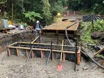 George Creek No.2 Bridge site with temp bridge in place and new abutments being constructed