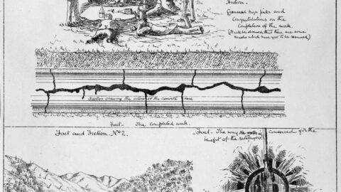 Three humorous drawings in 1887 about the Wainuiomata Water Race - The Evening Press, 1887.