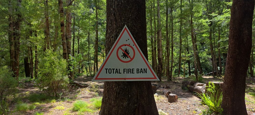 Old Fire Ban sign at abandoned Grace's Stream Campsite in Wainuiomata - 2025 - © wainuiomata.net